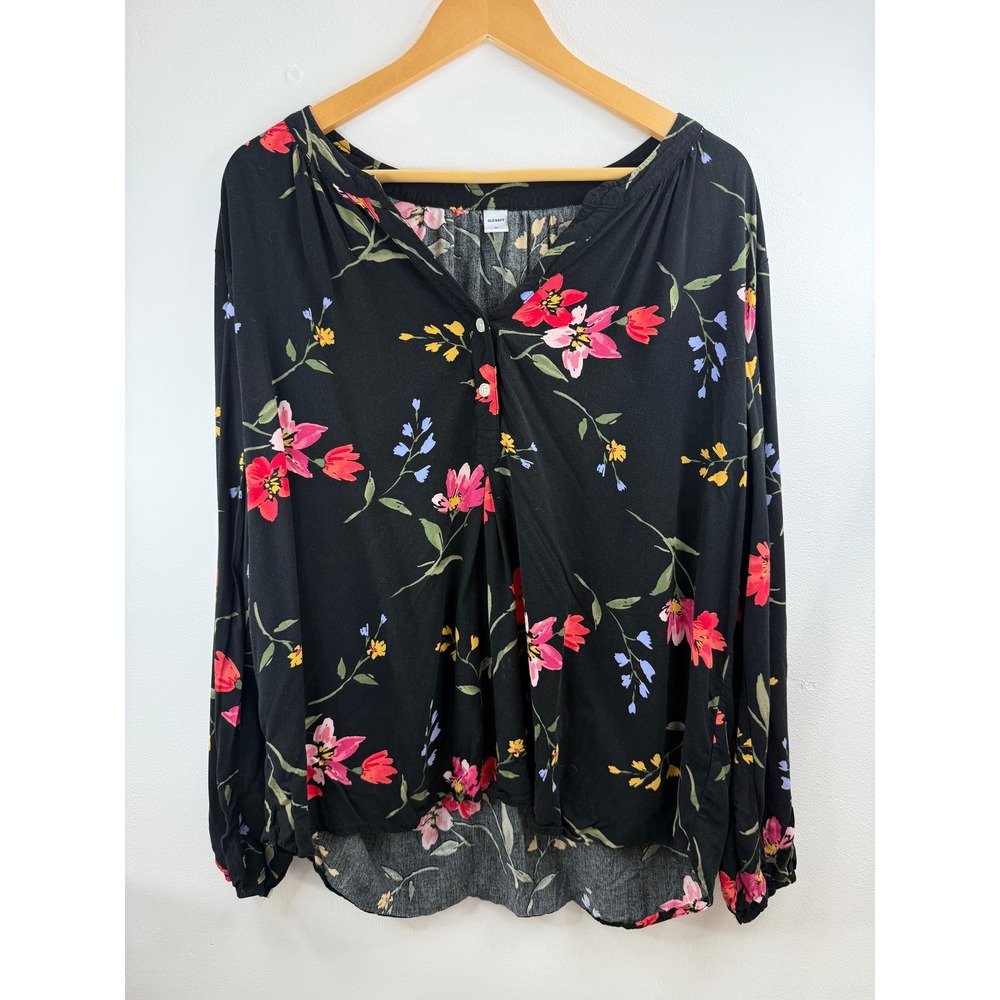 Old‎ Navy Floral Print Blouse Top Womens XL Long Sleeve Button Black